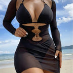 Damen Strandkleid mit transparentem Wickeldetail und modischen Ring-Elementen R&B