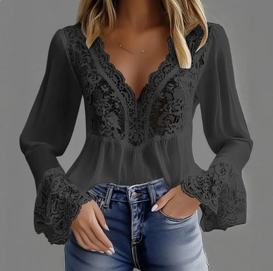 Damen elegante Bluse mit Spitzendetails und gerafftem Saum R&B