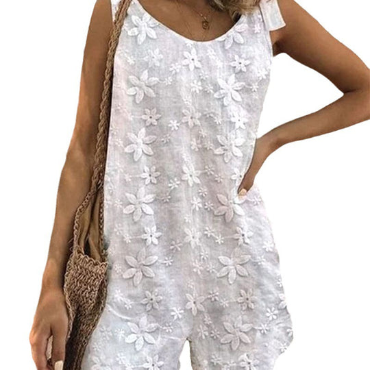 Damen nan leichter Kurzoverall mit floraler dreidimensionaler Stickerei, verstellbaren Bindeträgern und lockerer A-Linien-Silhouette R&B