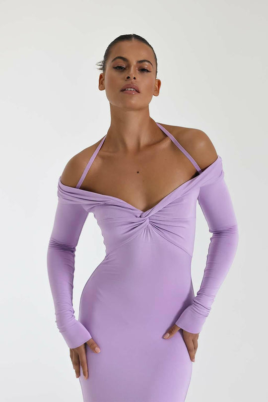 Damen Maxi-Kleid mit Off-Shoulder Design und elegantem Schlitz R&B