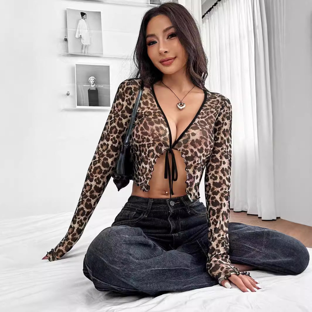 Damen Transparente Langarmbluse mit Leopardenmuster und Scherpenkante R&B