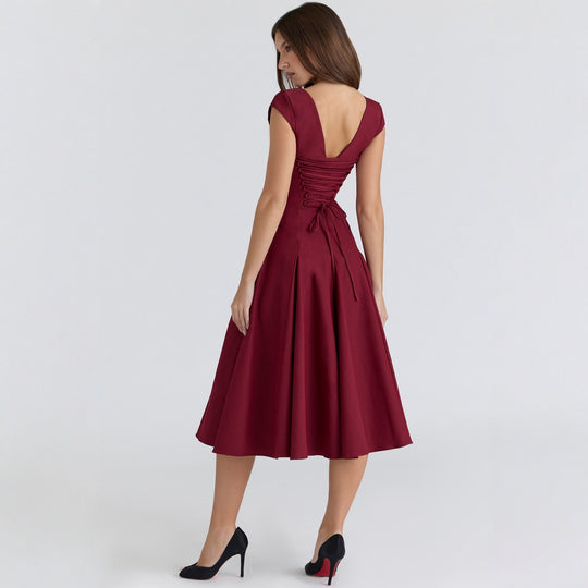 Damen Midi-Kleid mit quadratischem Ausschnitt und weit schwingendem Rock R&B