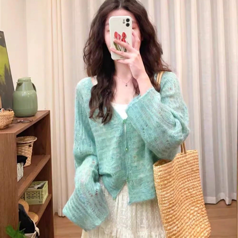 Damen luftiger Strickcardigan mit feiner Lochmusterstruktur und weitem Schnitt R&B