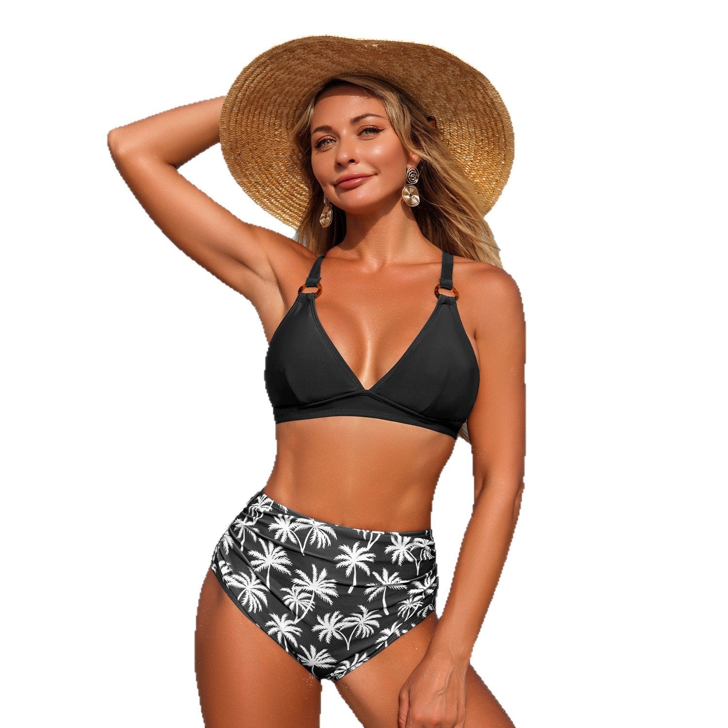 Damen Hochtailliertes Bikini-Set mit verstellbaren Trägern und modischem Palmen-Motiv R&B
