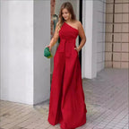 Damen Eleganter Ein-Schulter Jumpsuit mit Gürtel und weitem Bein