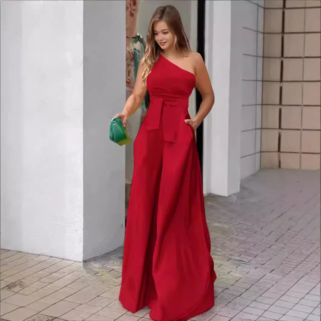 Damen Eleganter Ein-Schulter Jumpsuit mit Gürtel und weitem Bein