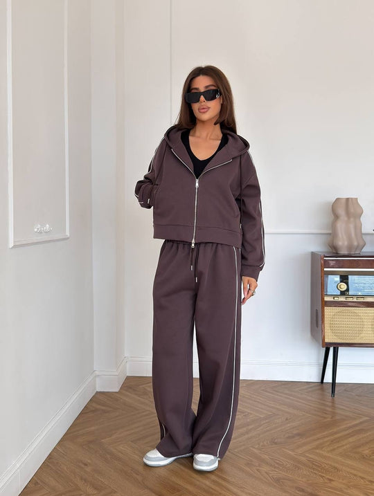 Damen sportliches Freizeit-Set aus trendigem Hoodie und weitem Stoffhose R&B