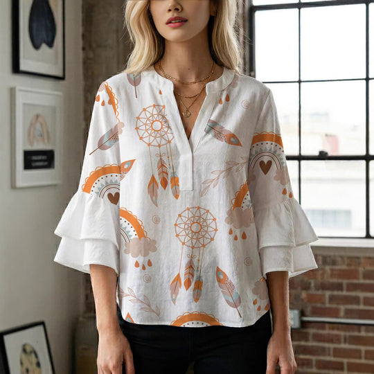 Damen Bluse mit voluminösen Flügelärmel und intensivem Blattmuster R&B