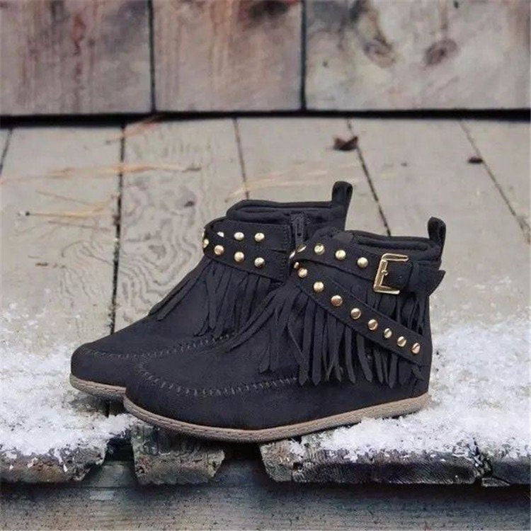 Damen Mokassin Stiefeletten mit modischen Fransen und dekorativen Nieten R&B