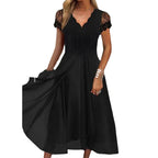 Damen nan fließendes Midikleid mit geschwungenem V-Ausschnitt, taillierter A-Linien-Silhouette und filigranen Spitzenärmeln R&B