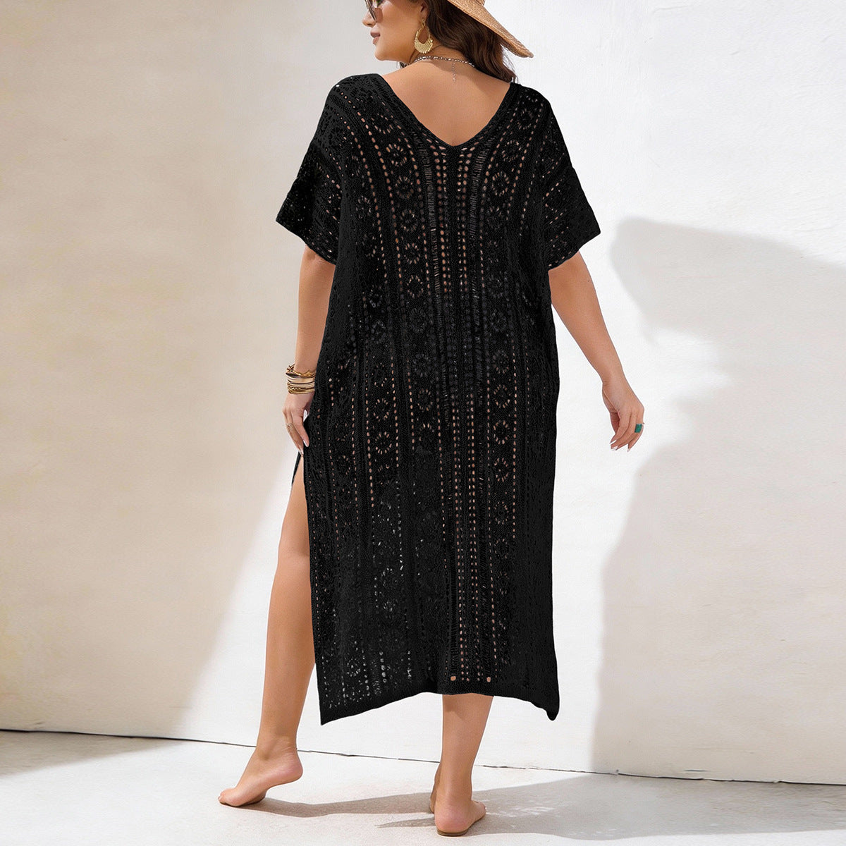 Damen Häkelstrandkleid mit V-Ausschnitt und seitlichem Schlitz R&B