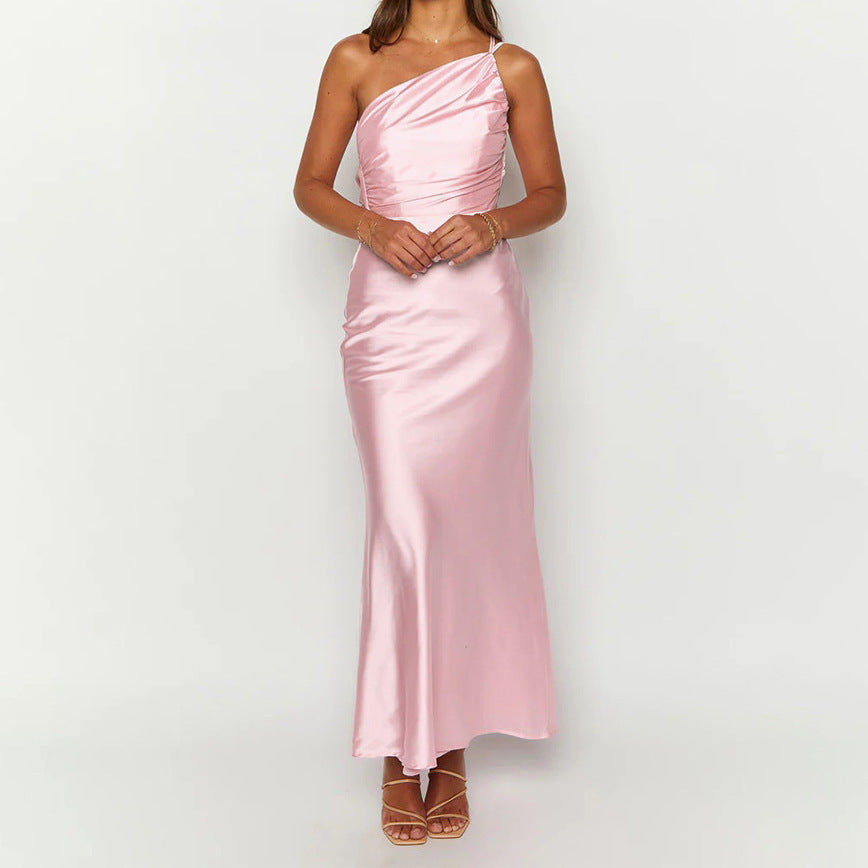 Damen Elegantes Satin-Maxikleid mit asymmetrischem Träger und raffinierten Rüschendetails R&B