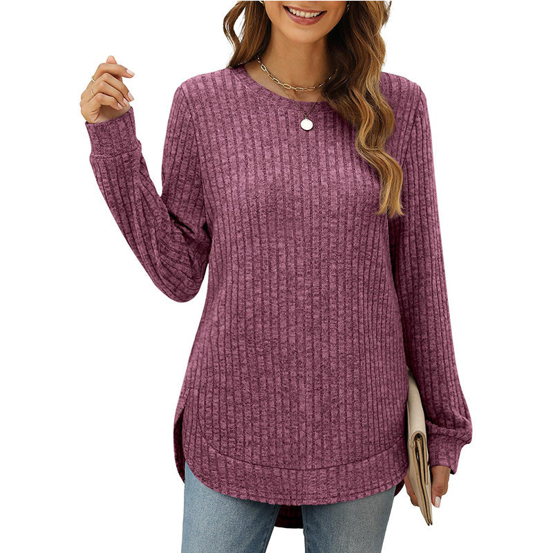 Damen lässiges Langarmshirt mit Rippstruktur und seitlichen Schlitzen R&B