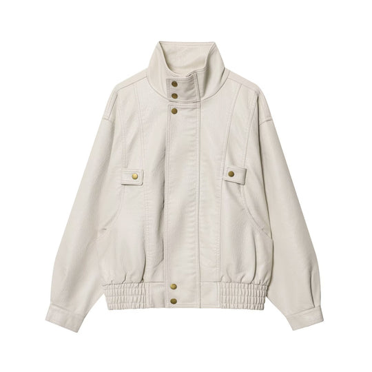 Damen lässige Kunstlederjacke mit hohem Kragen und Weitenregulierung R&B