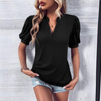 Damen elegantes Blusenshirt mit Puffärmel und V-Ausschnitt R&B
