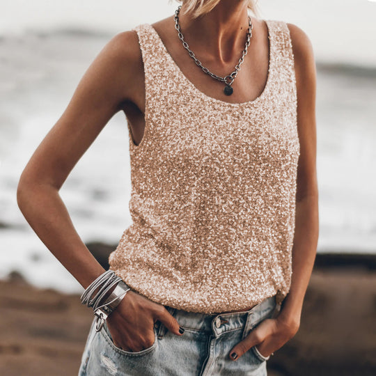 Damen Glitzerndes Top mit tiefem Rundhalsausschnitt und leichter A-Linie R&B