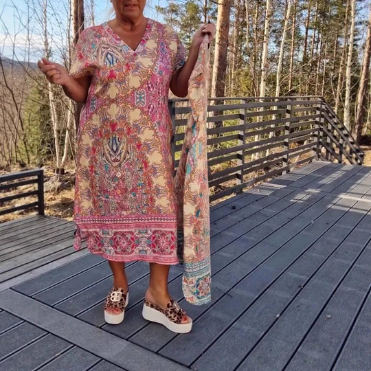 Damen nan luftiges V-Ausschnitt-Kleid im Paisley-Print mit Eingrifftaschen und passendem Pareo R&B