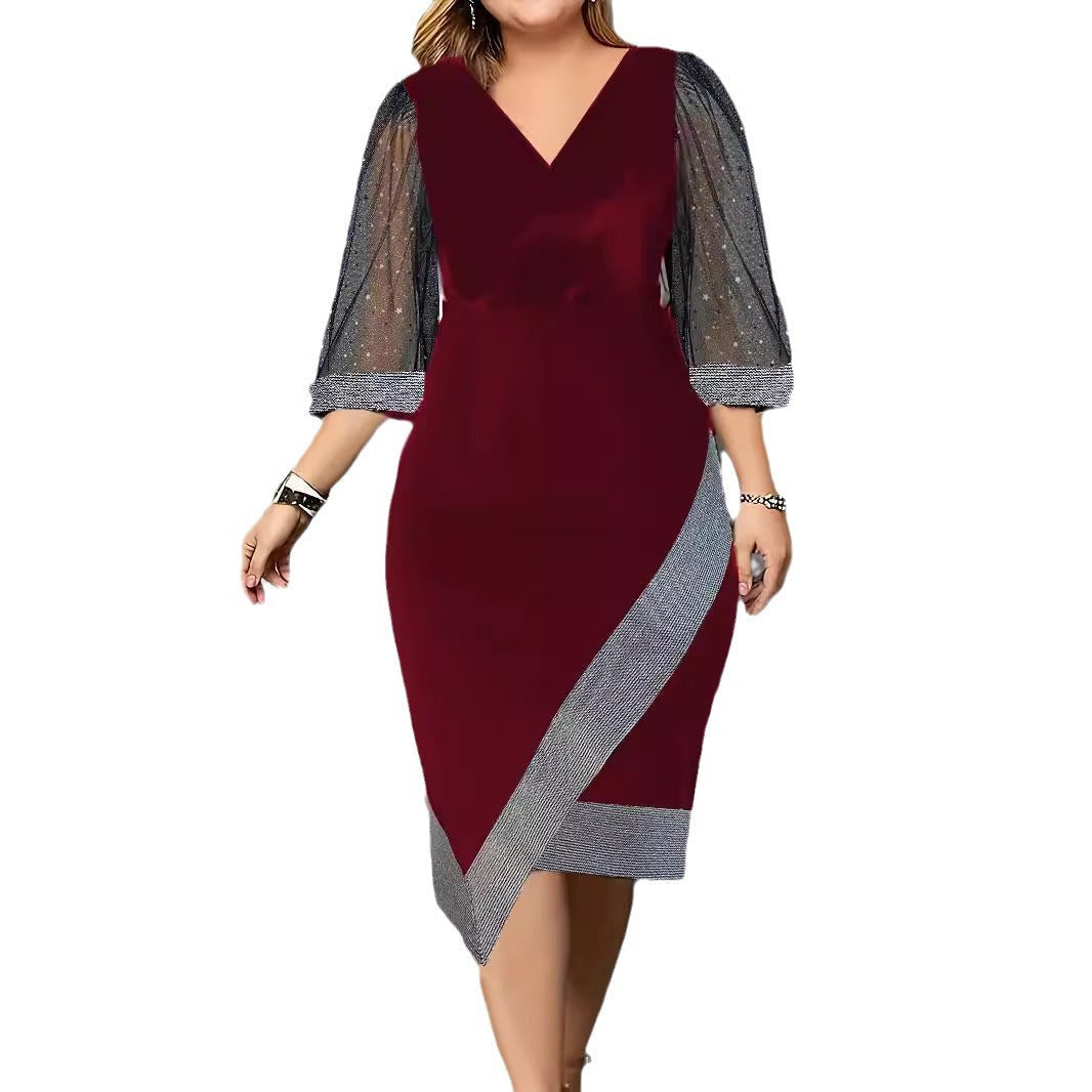 Damen Elegantes Cocktailkleid mit transparenten Puffärmeln und asymmetrischem Saum R&B