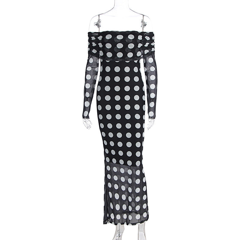 Damen Elegantes Maxikleid mit schulterfreiem Design und Punkten R&B