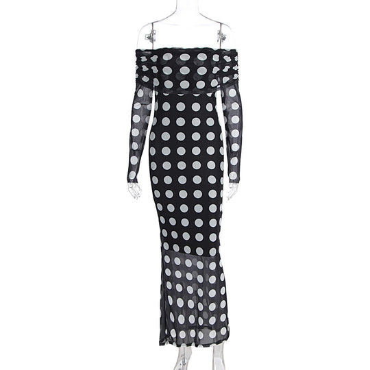 Damen Elegantes Maxikleid mit schulterfreiem Design und Punkten R&B
