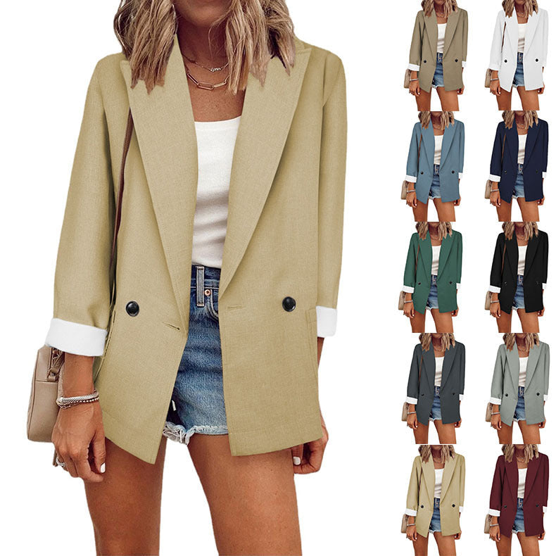 Damen modischer Blazer im Oversized-Schnitt mit tiefen Taschen und umgeschlagenen Ärmeln R&B
