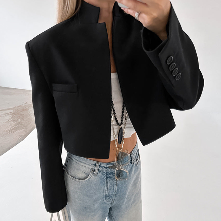 Damen Kurzer Blazer mit Stehkragen und Taschen R&B