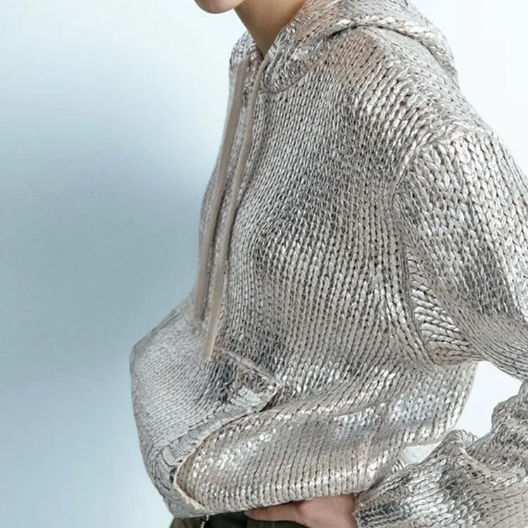 Damen Glitzernder Strickpullover mit Kapuze und praktischer Kängurutasche R&B