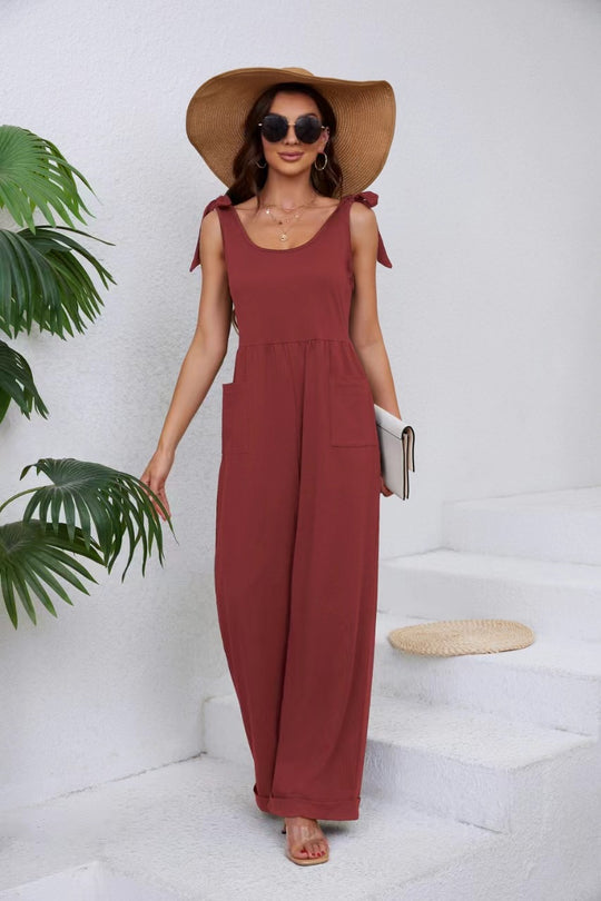 Damen Eleganter Jumpsuit mit verstellbaren Trägern und weitem Bein R&B