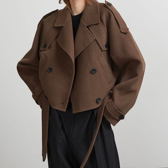 Damen Cropped Trenchjacke mit taillierbarem Gürtel und doppelt knöpfbarem Design R&B