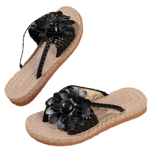 Damen elegante Blumen-Pantoletten aus geflochtenem Material R&B