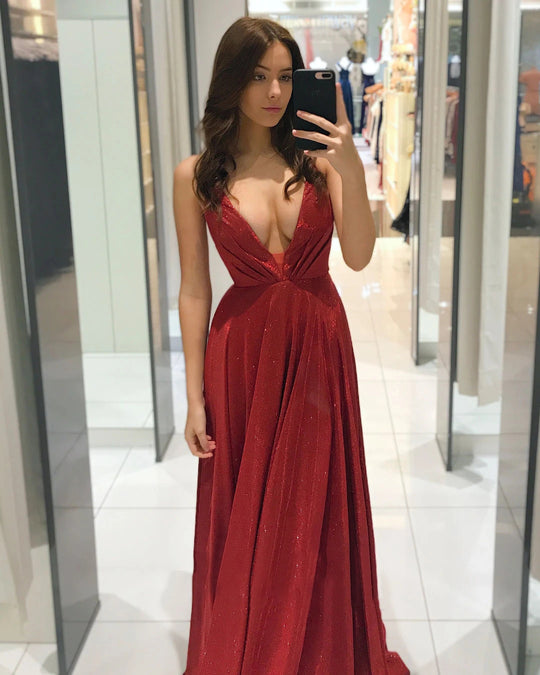 Damen Glamouröses Abendkleid mit tiefem V-Ausschnitt und funkelnden Details R&B