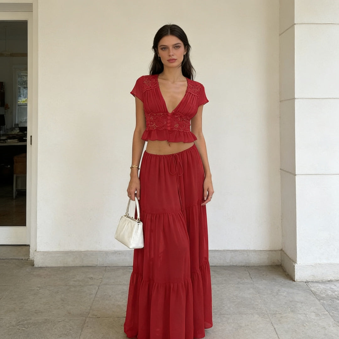 Damen Lässiges Maxi-Kleid mit eleganter Raffung und cropped Top R&B