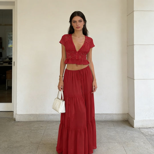 Damen Lässiges Maxi-Kleid mit eleganter Raffung und cropped Top R&B