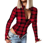 Damen Langarm Body mit Reißverschluss und Karomuster R&B