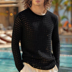 Herren nan luftiger durchbrochener Strickpullover mit quadratischem Netzmuster und Rundhalsausschnitt R&B