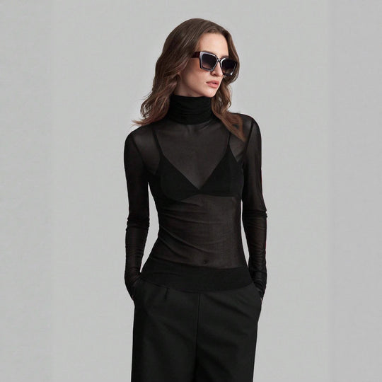 Damen Transparente Turtleneck-Bluse mit figurformendem Schnitt R&B