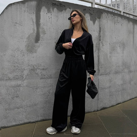 Damen Eleganter Fleece-Jumpsuit mit hohem Kragen und weit geschnittenen Beinen R&B