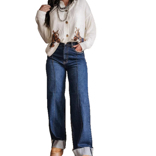 Damen weite High-Waist Jeans mit einzigartigen Kontrastnähten und lässigem Look R&B