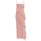 Damen schulterfreies Maxikleid mit asymmetrischem Rüschendesign R&B