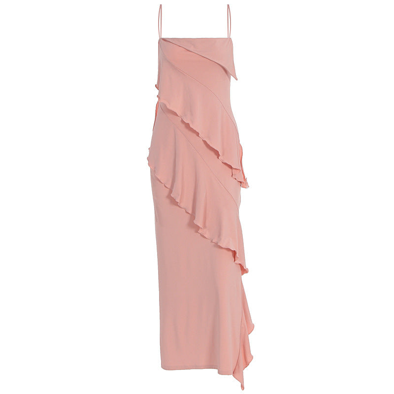 Damen schulterfreies Maxikleid mit asymmetrischem Rüschendesign R&B