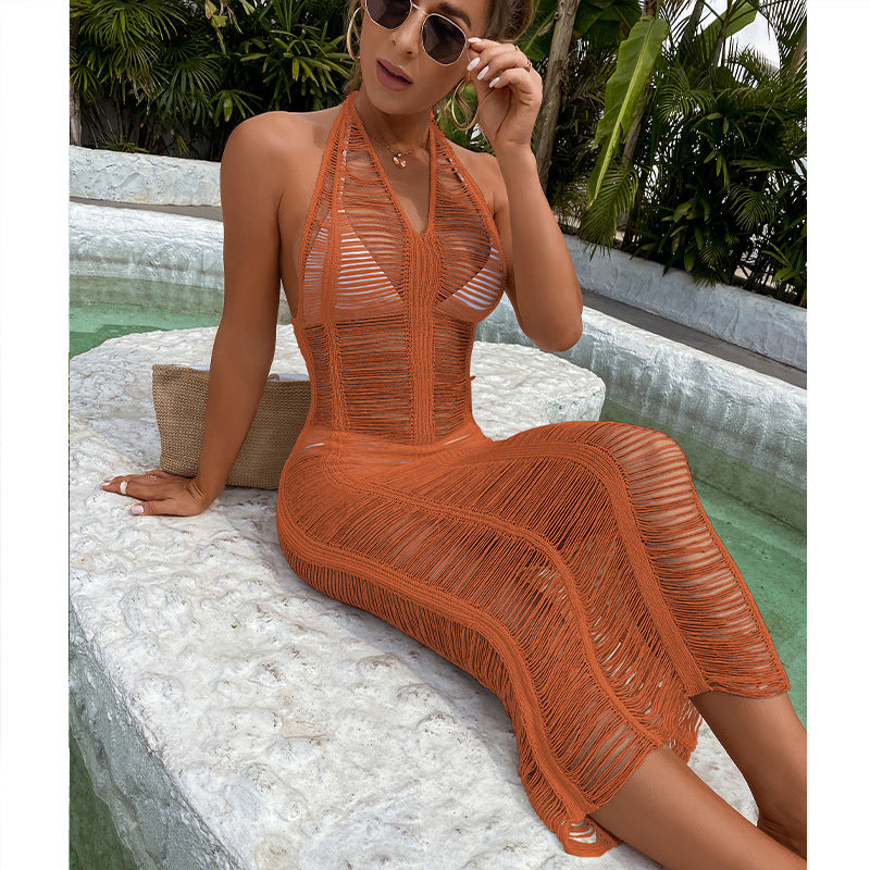 Damen Häkel-Strandkleid mit fransigen Elementen und hoher Taille R&B