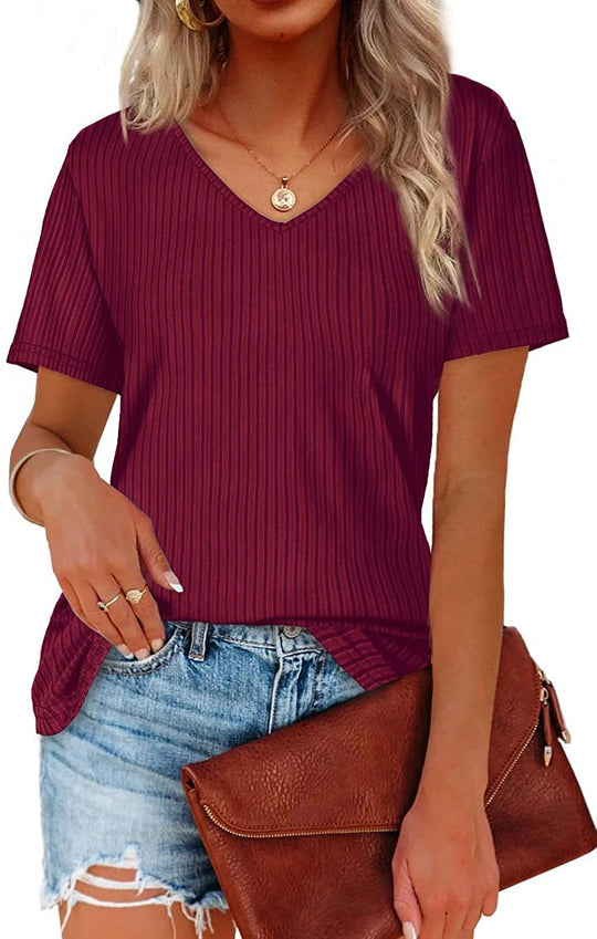 Damen Viskose T-Shirt mit feinem Rippstrickmuster und lässigem V-Ausschnitt R&B