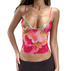 Damen Spaghetti-Trägertop mit floralem Design und glitzerndem Dekolleté R&B