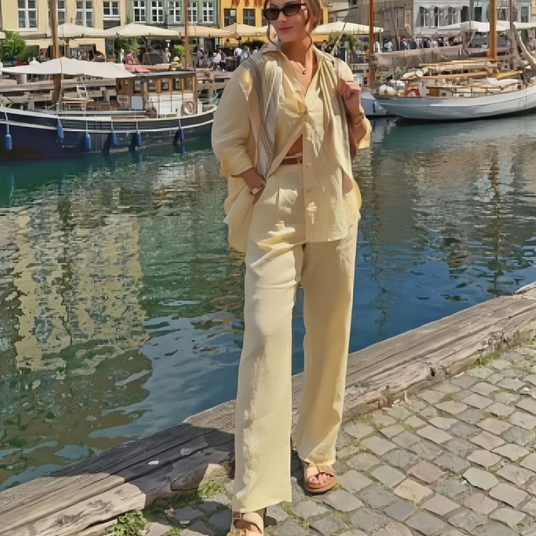 Damen angesagter Leinen-Jumpsuit mit tailliertem Schnitt und langen Ärmeln R&B