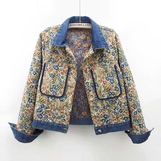 Damen Blumenmuster Denimjacke mit aufgesetzten Taschen und Kragen R&B