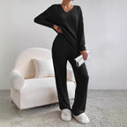 Damen lässiger Strickanzug mit V-Ausschnitt und praktischen Taschen R&B
