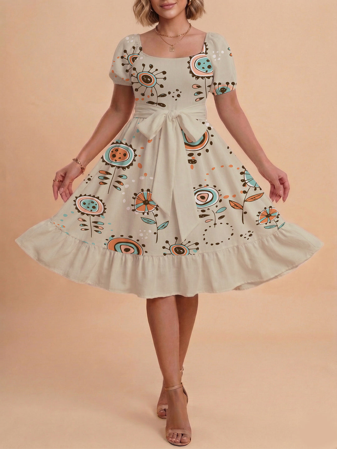 Damen Sommerkleid mit floralem Puffärmel und taillierbarem Gürtel R&B