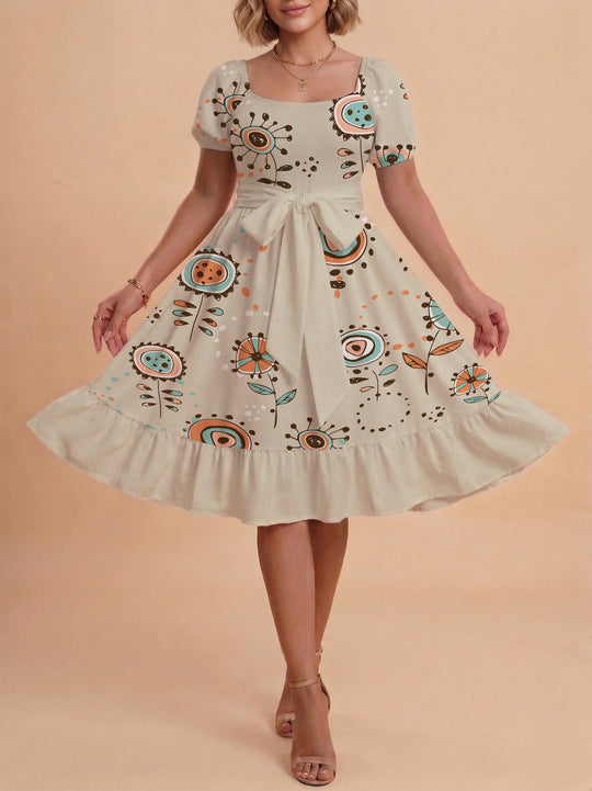 Damen Sommerkleid mit floralem Puffärmel und taillierbarem Gürtel R&B