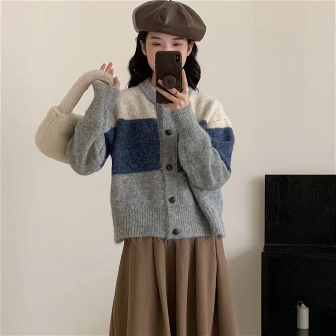 Damen Gemusterte Strickjacke mit Knopfleiste und überschnittenen Schultern R&B
