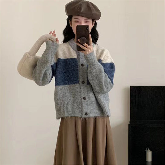 Damen Gemusterte Strickjacke mit Knopfleiste und überschnittenen Schultern R&B